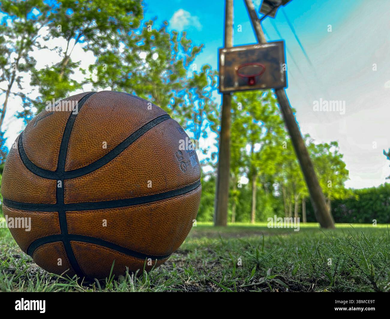 Close-up of a basketball resting on the grass with a rustic outdoor hoop in the background, surrounded by trees and a clear blue sky. - Smartphone Captured Stock Image