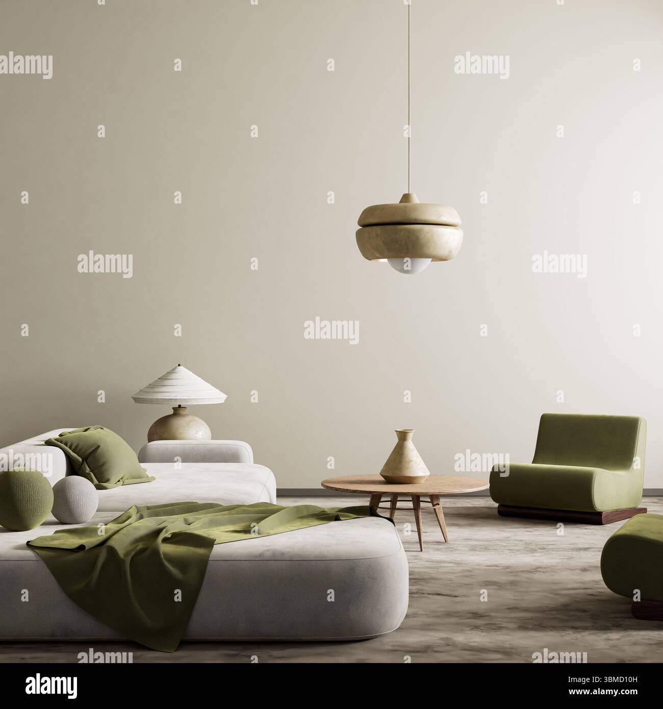 A modern living room featuring soft neutrals and refreshing green tones, designed with minimalist furniture and natural textures for a serene ambiance Stock Photo
