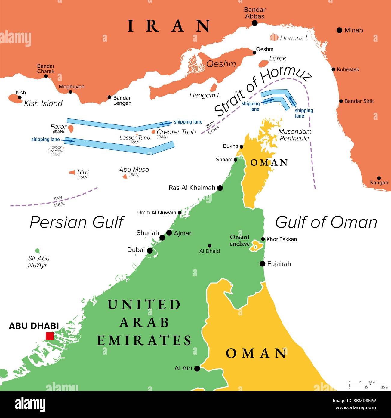 Strait of Hormuz, colored political map showing the shipping lanes. Sea ...