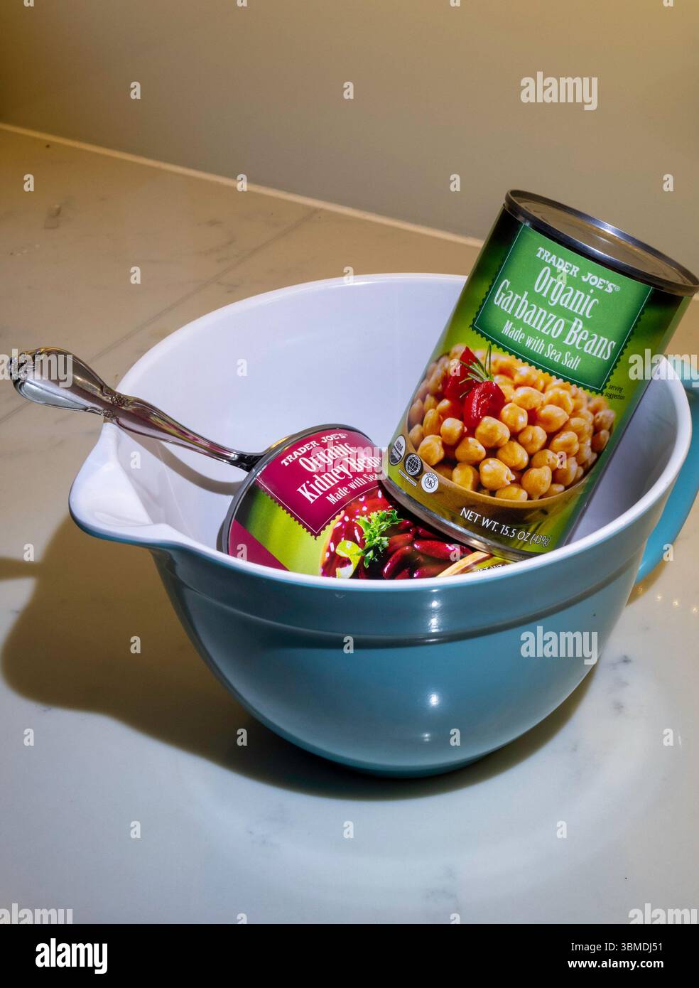 Still life of storebrand Trader Joe's canned beans in a residential kitchen, 2025, USA Stock Photo