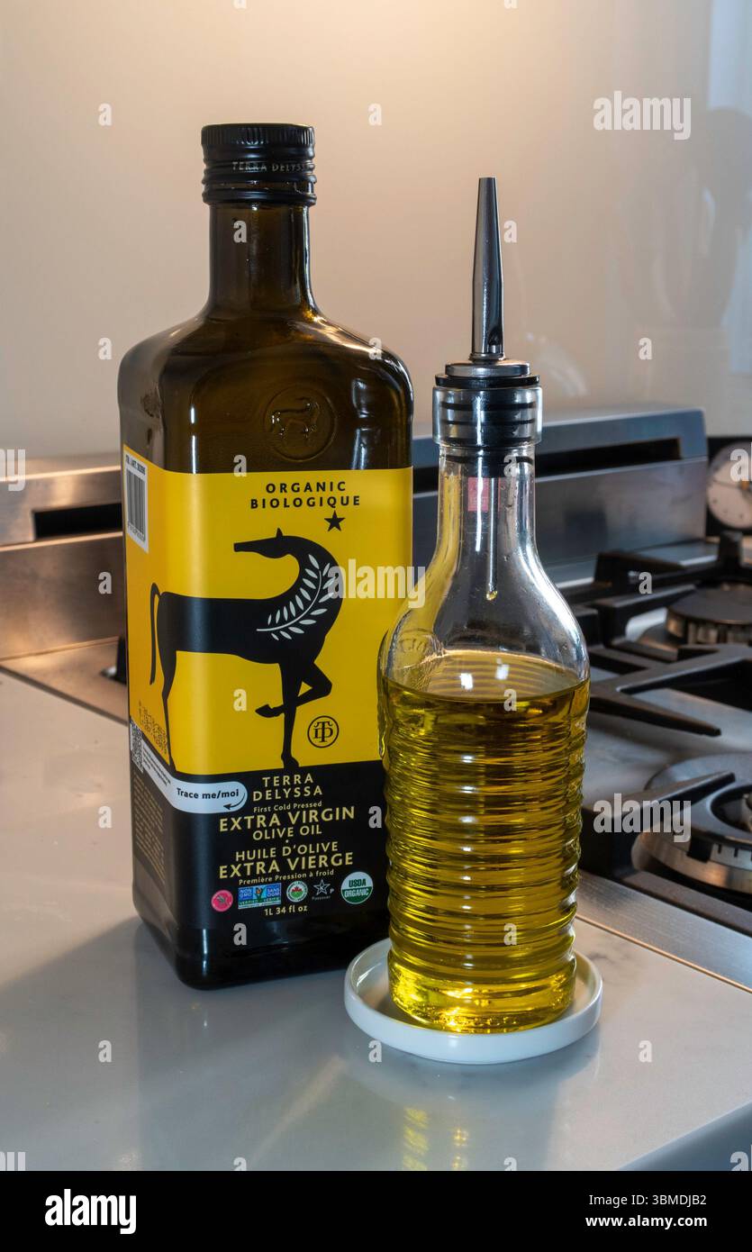 Terra Delyssa is an extra virgin olive oil imported from Tunisia. Stock Photo