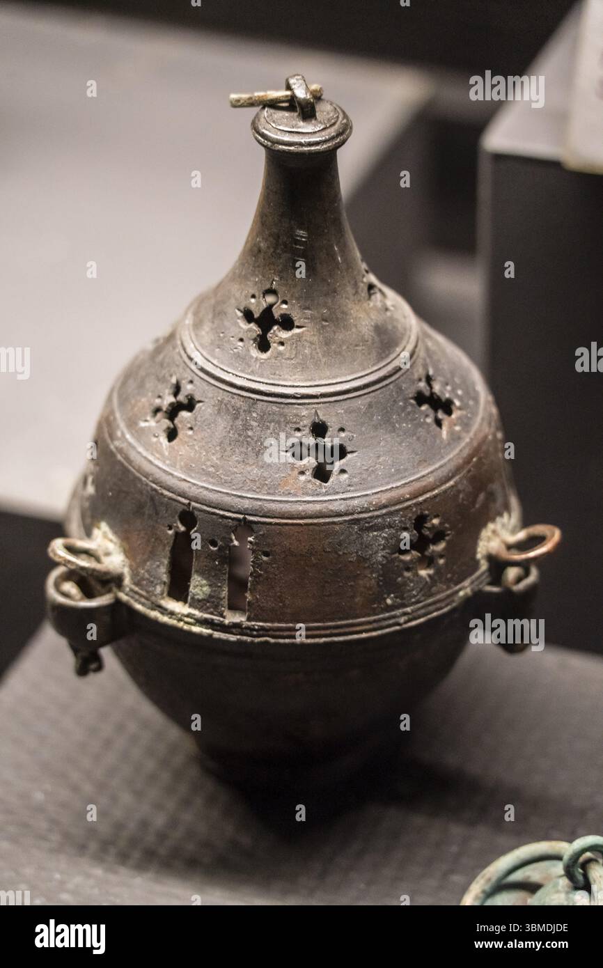 Bronze incense burner, 15th century, from La Mata, Huesca Diocesan Museum, Aragon community, Spain, Europe Stock Photo