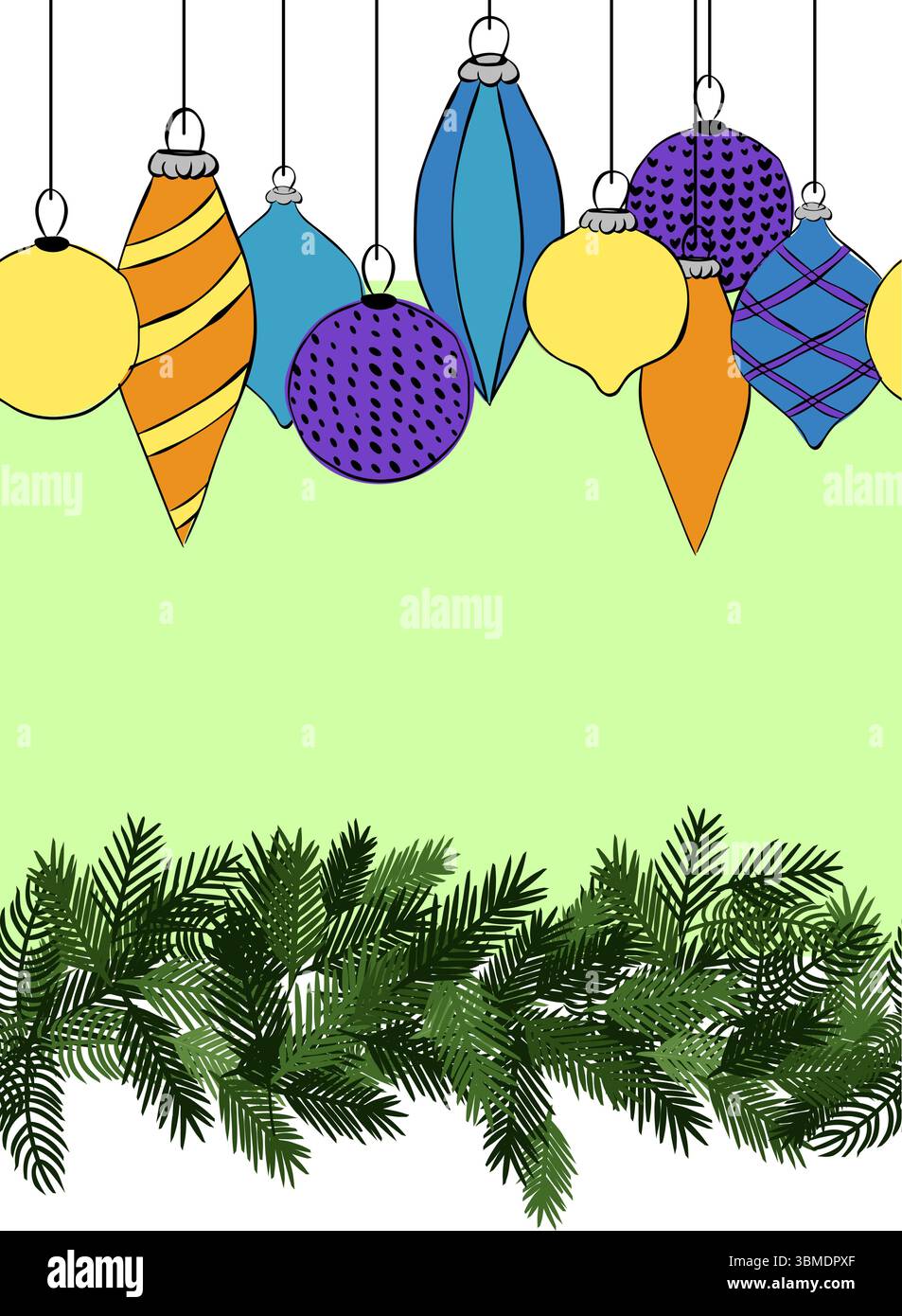 Pine tree branch and Christmas toys Frame seamless border template ...