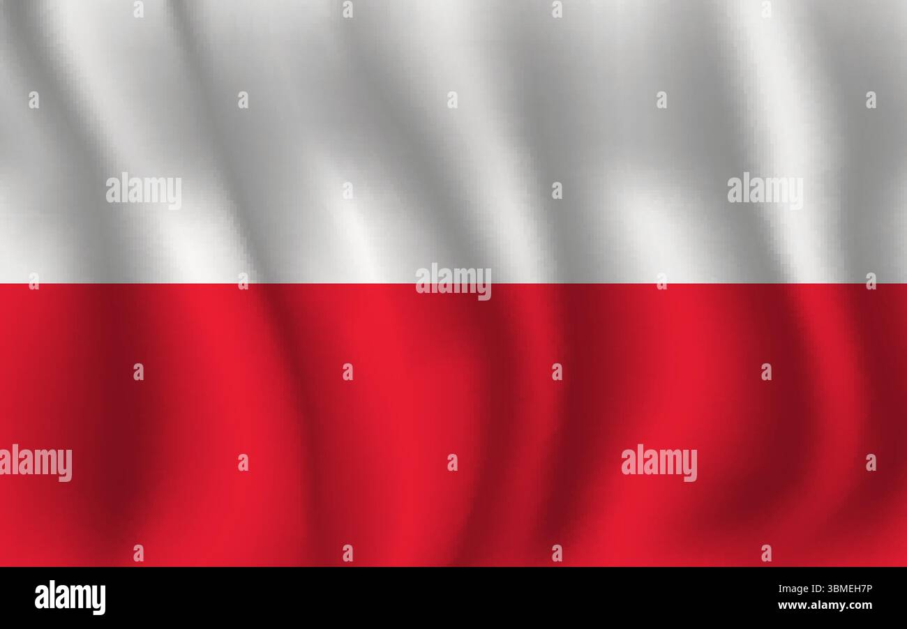 Flag of Poland wavy flutters in wind, with folds 3d Stock Vector