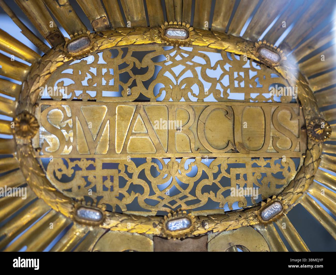 Sign on the altar of St Mark, the holy evangelist, in the Minster of St ...