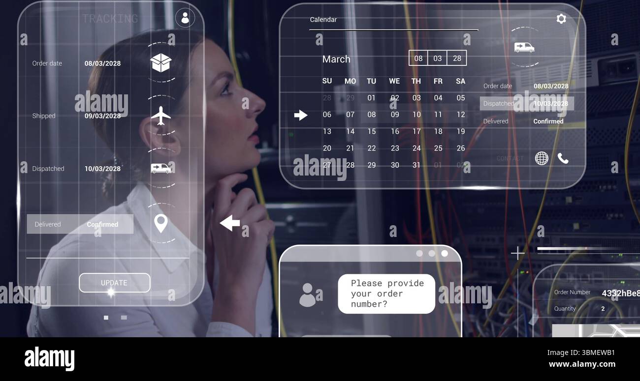 Analyzing white-shirted woman tracking UI panels in server room with ...