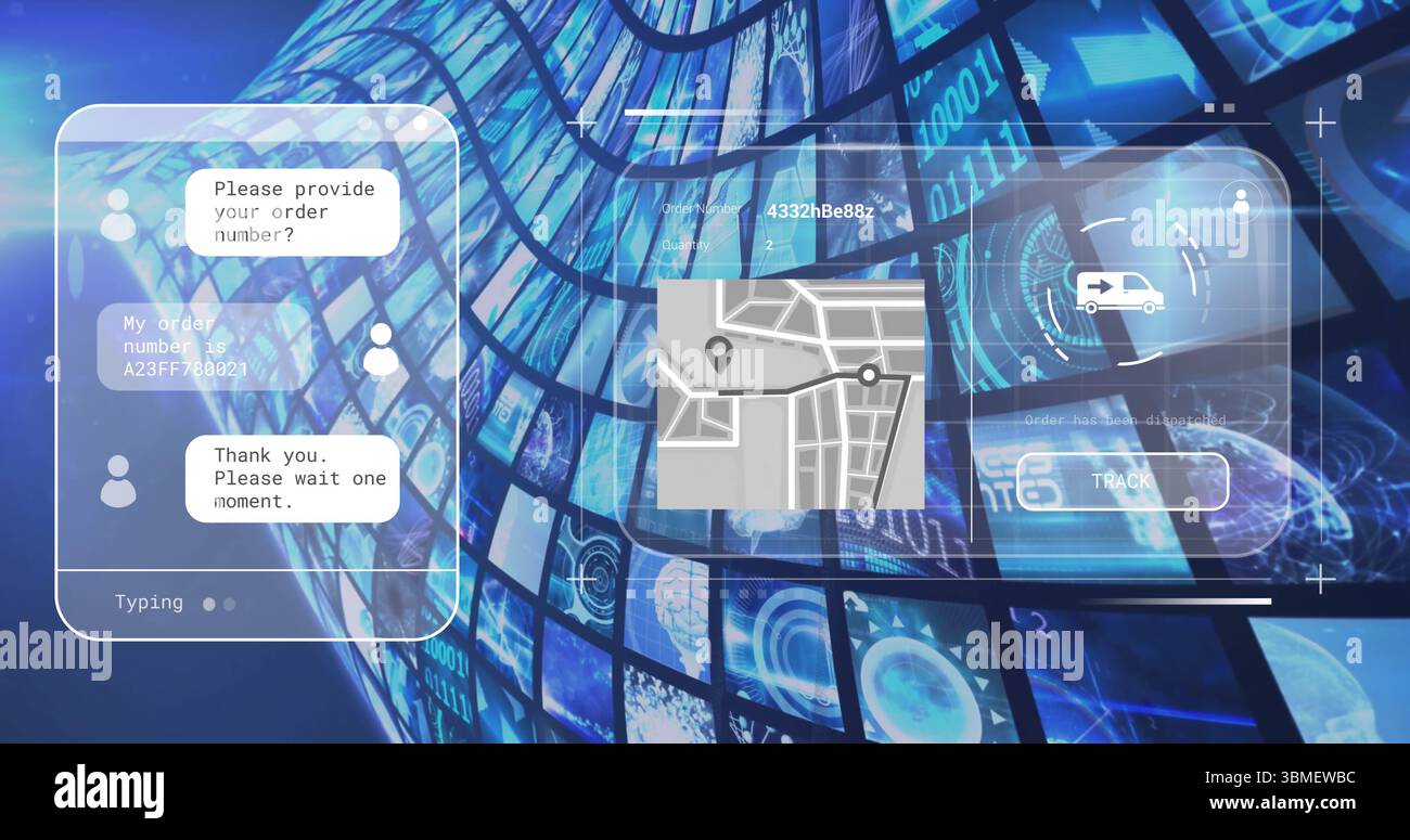 Displaying interface panels over blue data backdrop with chat window ...