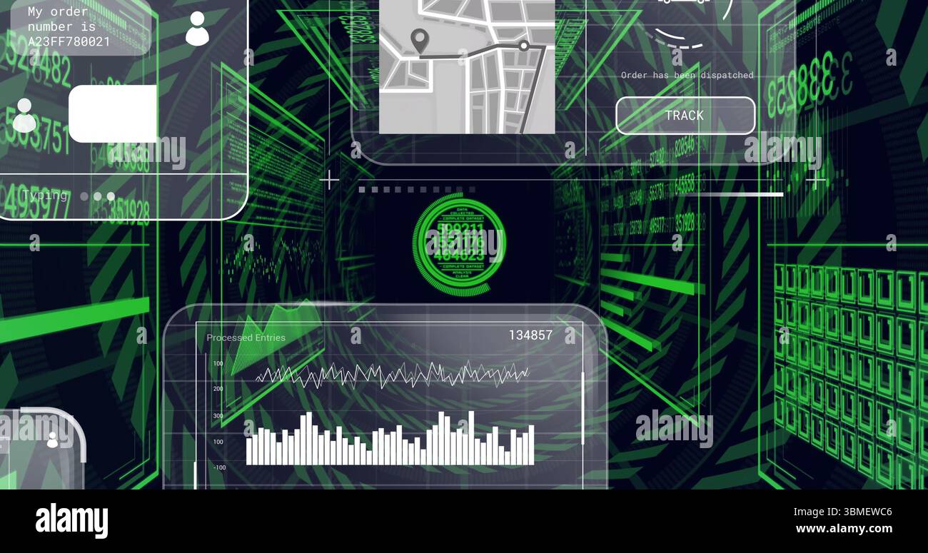 Displaying central circular HUD data node inside grid tunnel with UI panels and numeric readouts. Cyberspace, data visualization, futuristic, interfac Stock Photo