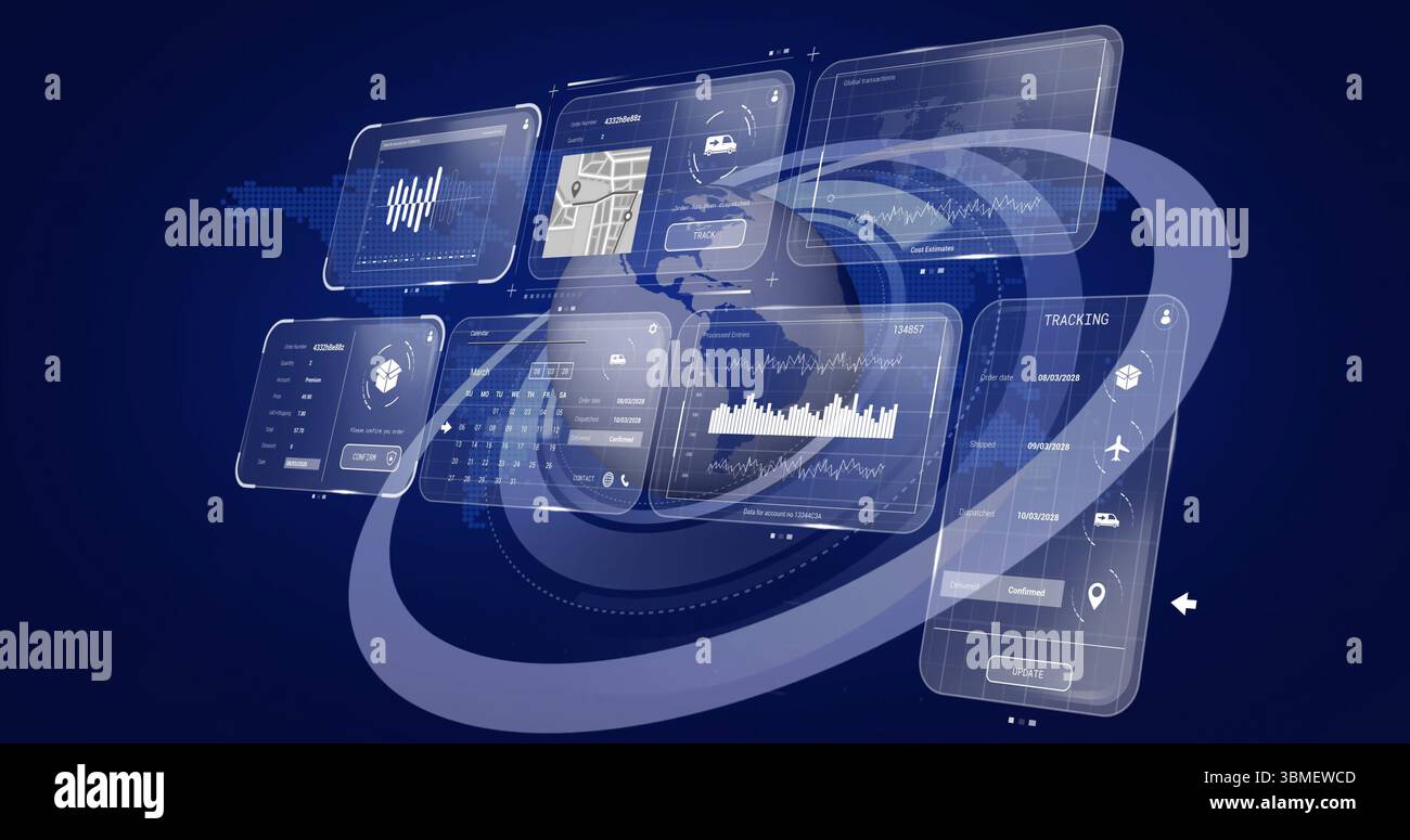 Floating translucent UI panels showing line charts, map overlay and ...