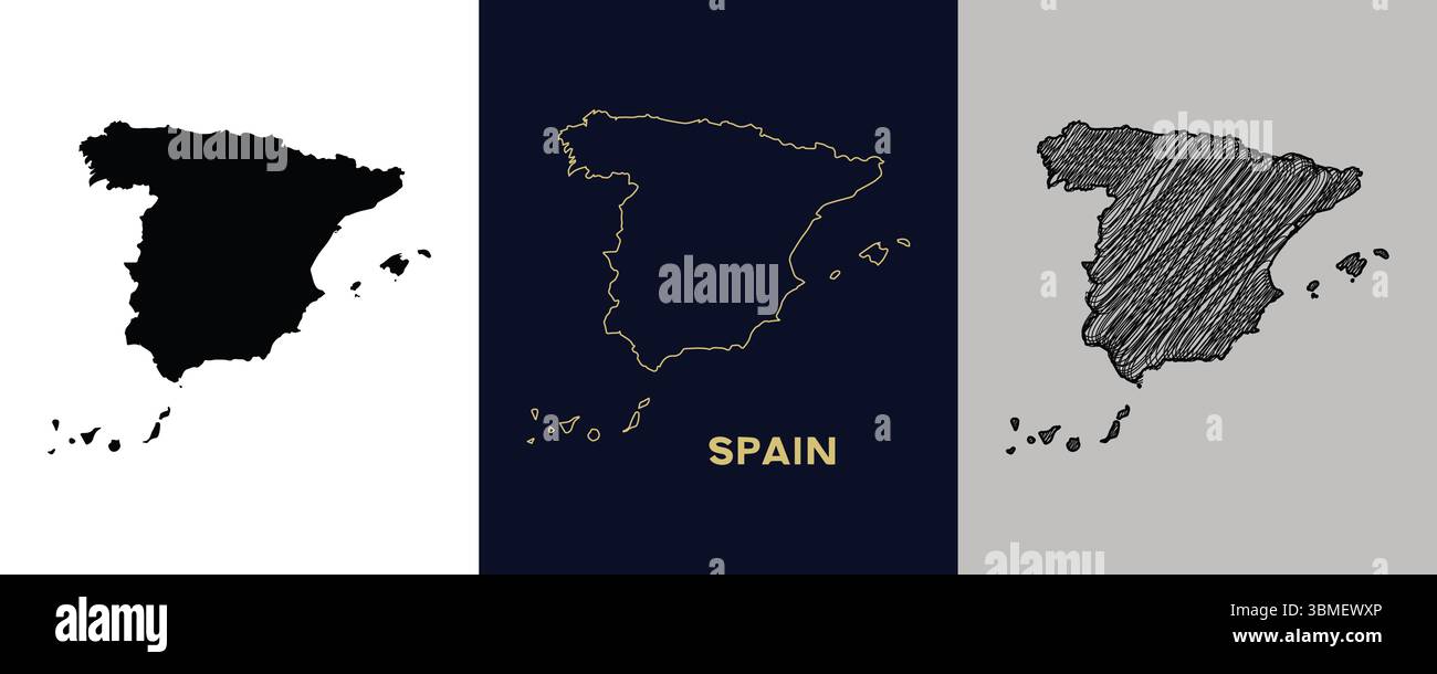 SPAIN Black, Gold, Sketch Map Vector Illustration Abstract Editable image Stock Vector