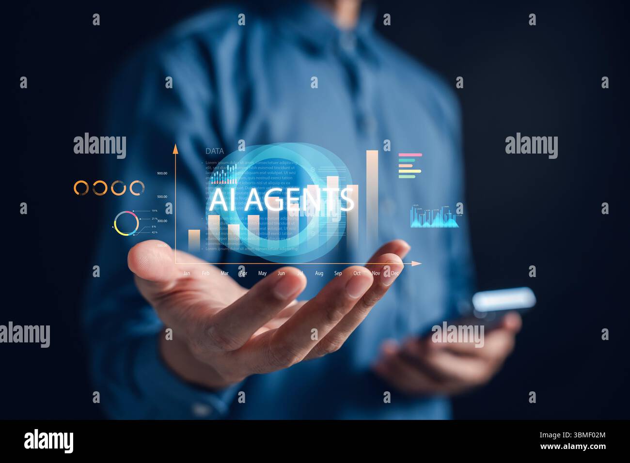 AI agents technology with digital financial data, analytics charts Stock Photo