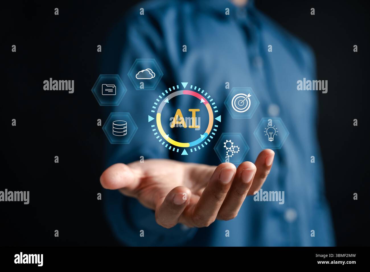 AI cloud computing and data analytics with artificial intelligence, digital data, server, cloud storage, innovation, and smart technology in business. Stock Photo