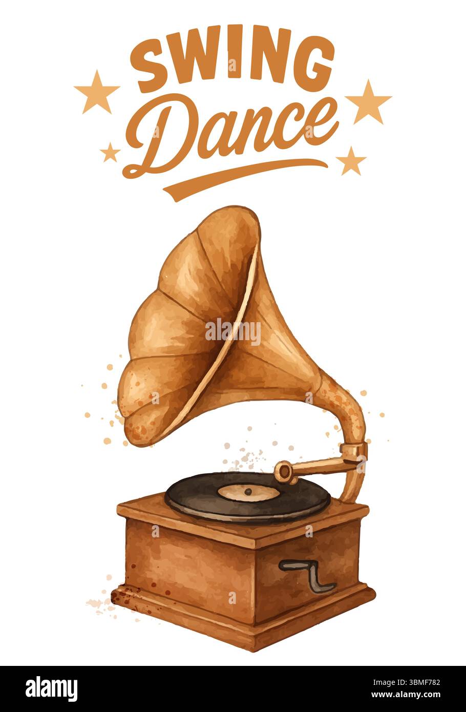 Vintage Gramophone Isolated on white background. Watercolor Illustration of Swing Era Music Player Stock Vector