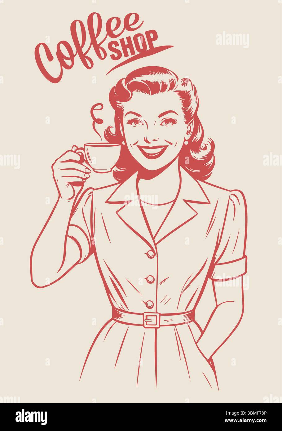 Vintage Woman Holding a Cup of Coffee or Tea. Coffee Shop Label ...