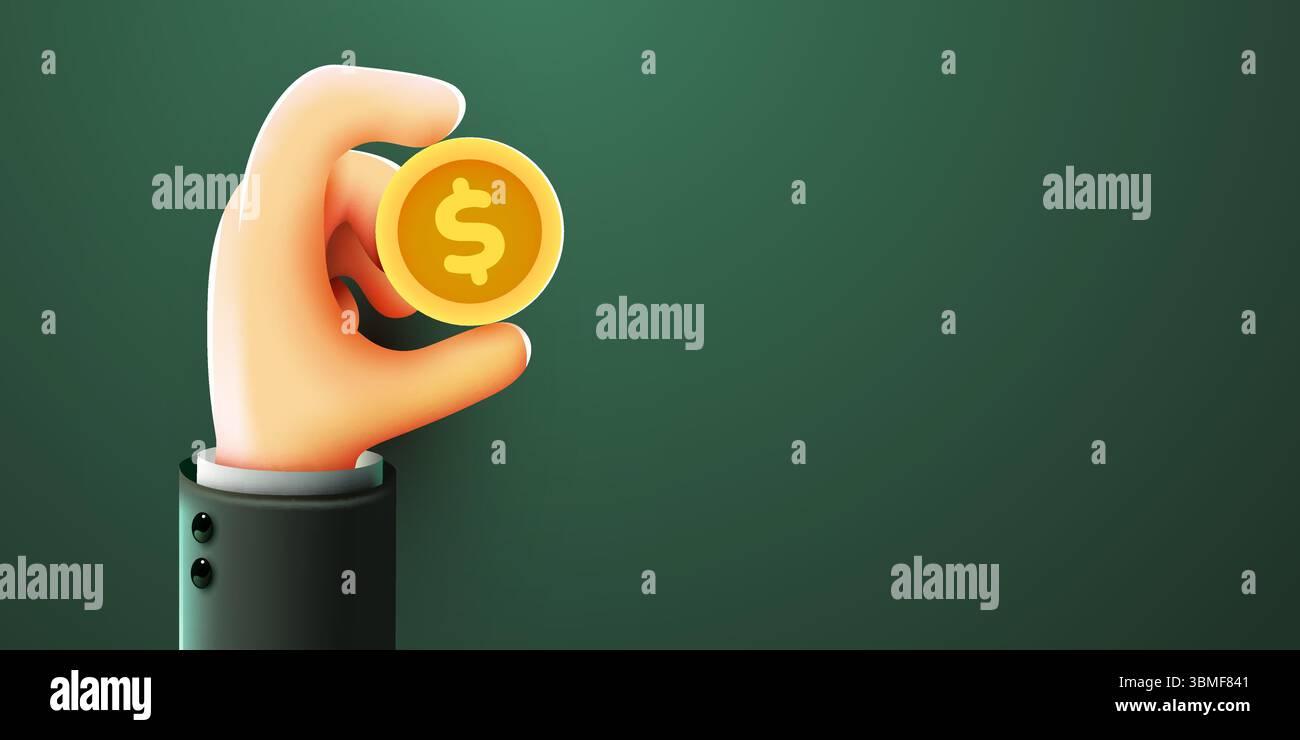 3d cartoon hand holding golden dollar coin. Investment, profit, payment ...