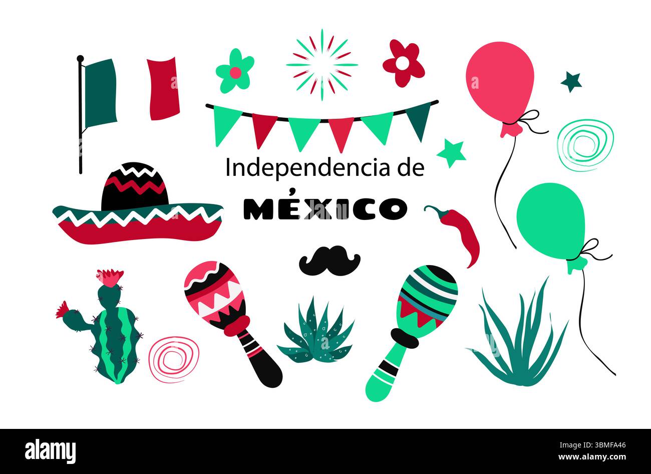 Viva Mexico. Independence Day set elements. Vector illustration Stock Vector