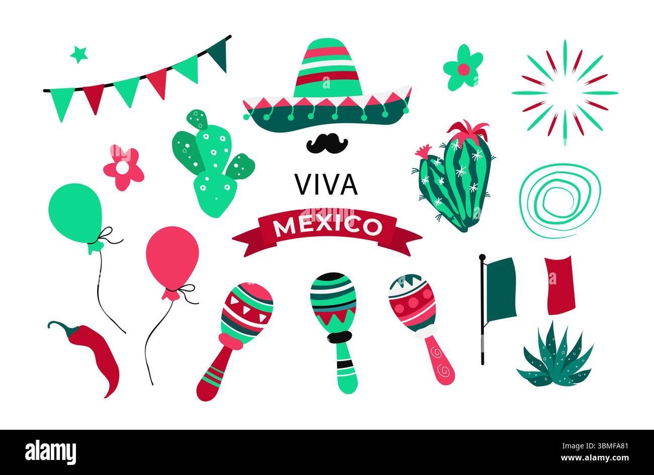 Viva Mexico. Independence Day set elements. Vector illustration Stock Vector