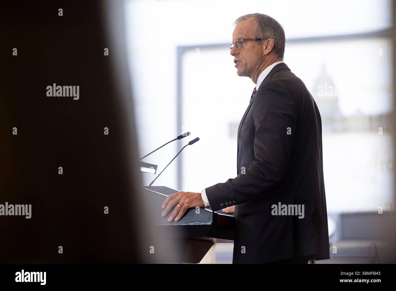Senate Majority Leader John Thune (R-S.D.) delivers remarks during a ...