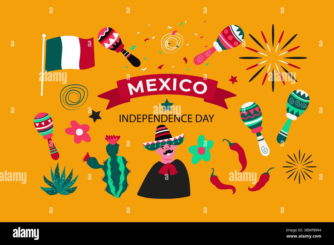 Viva Mexico. Independence Day set elements. Vector illustration Stock Vector