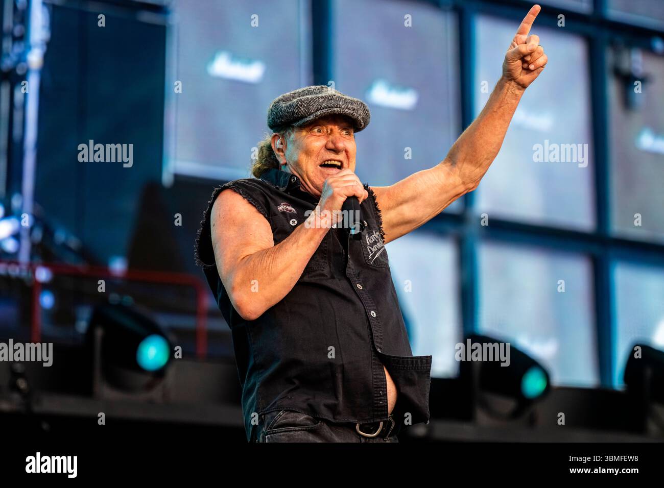 Singer Brian Johnson of Australian hard rock band AC/DC performs at