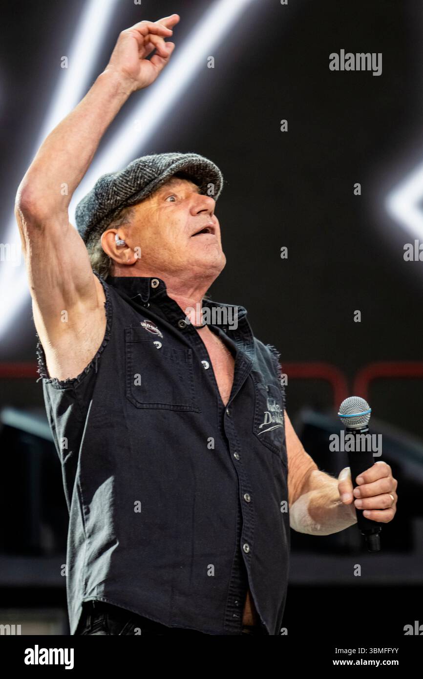 Singer Brian Johnson of Australian hard rock band AC/DC performs at