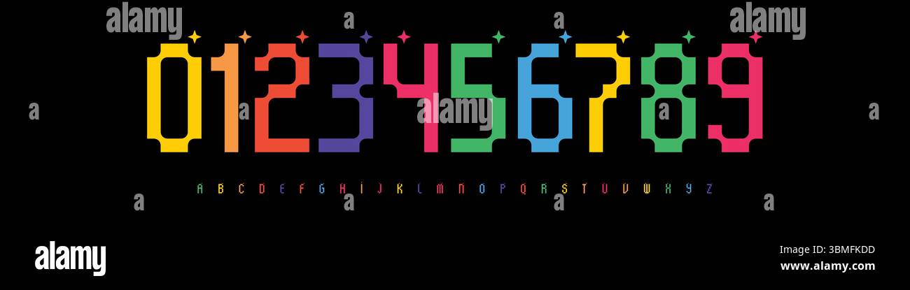Colorful geometric pixel numbers and alphabet with stylized techno look ...
