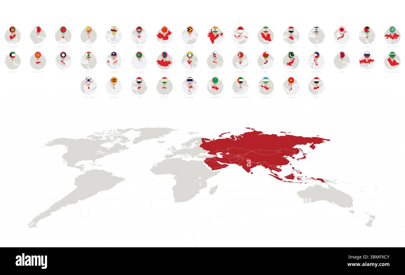 Circle Icons with Flags and Maps of Asian Countries, Alphabetically ...