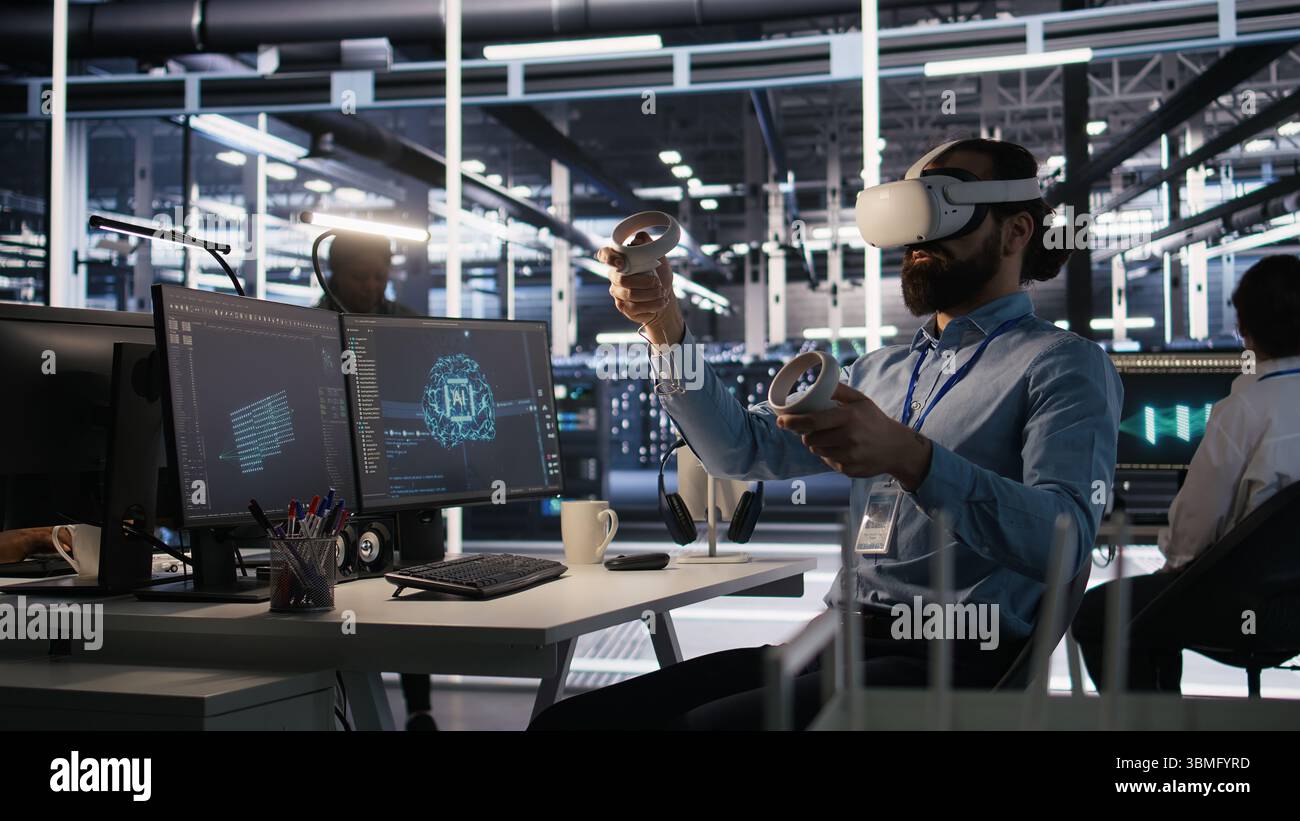 Admin using VR headset in data center to update server tech, configuring equipment using software tools. Server farm employee reviewing hardware analytics using virtual reality, camera A Stock Photo