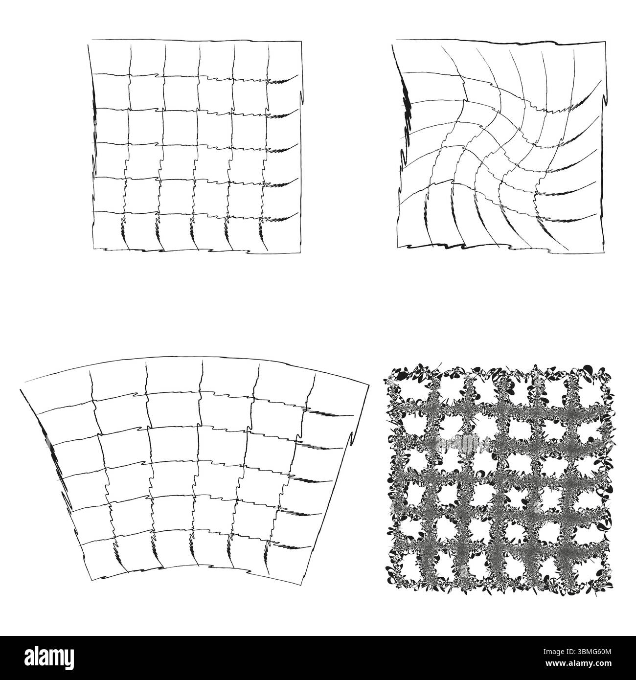 Abstract geometric tiles. Textured line patterns. Grunge Vector illustration. Distorted grid forms. Stock Vector
