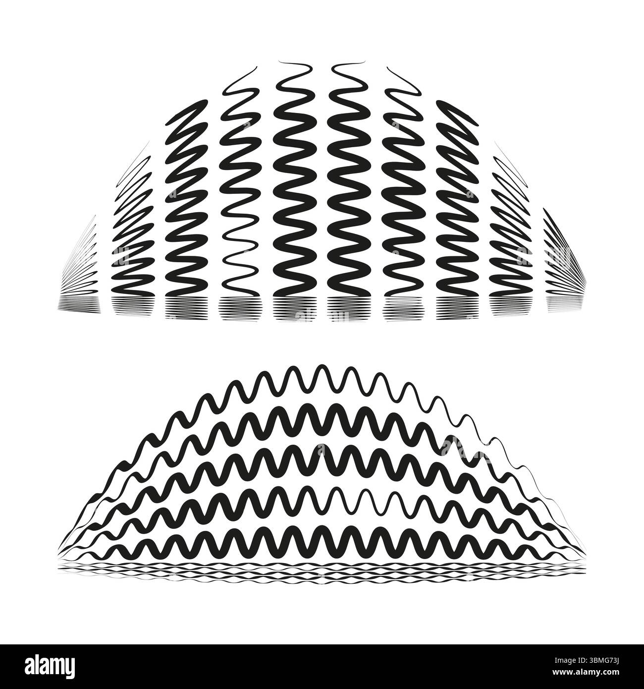 Semicircular wave patterns. Half moon designs. Monochrome curved illustrations. Vector geometric elements. Stock Vector