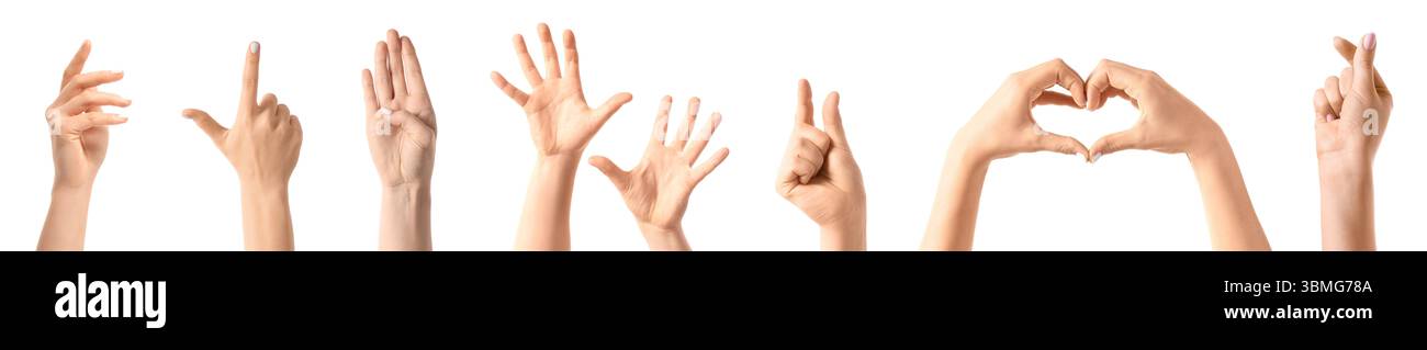 Collage of gesticulating hands on white background Stock Photo - Alamy