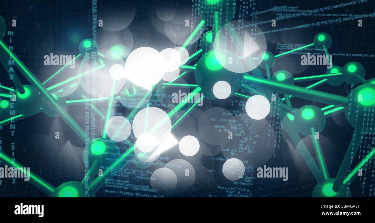 Displaying glowing green nodes connecting rods over dark grid, white bokeh, scrolling binary code Stock Photo