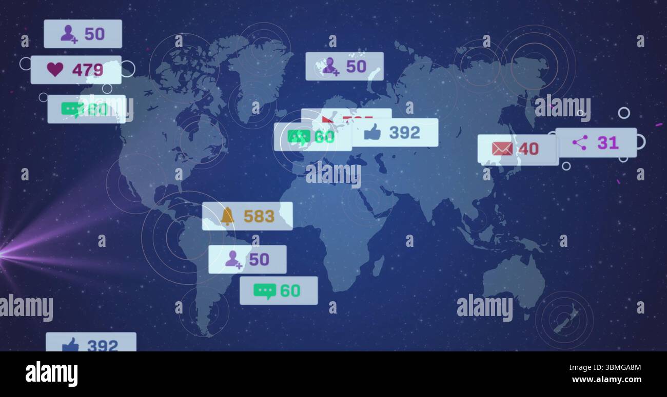 Displaying semi-transparent world map over network interface, with floating notification panels Stock Photo