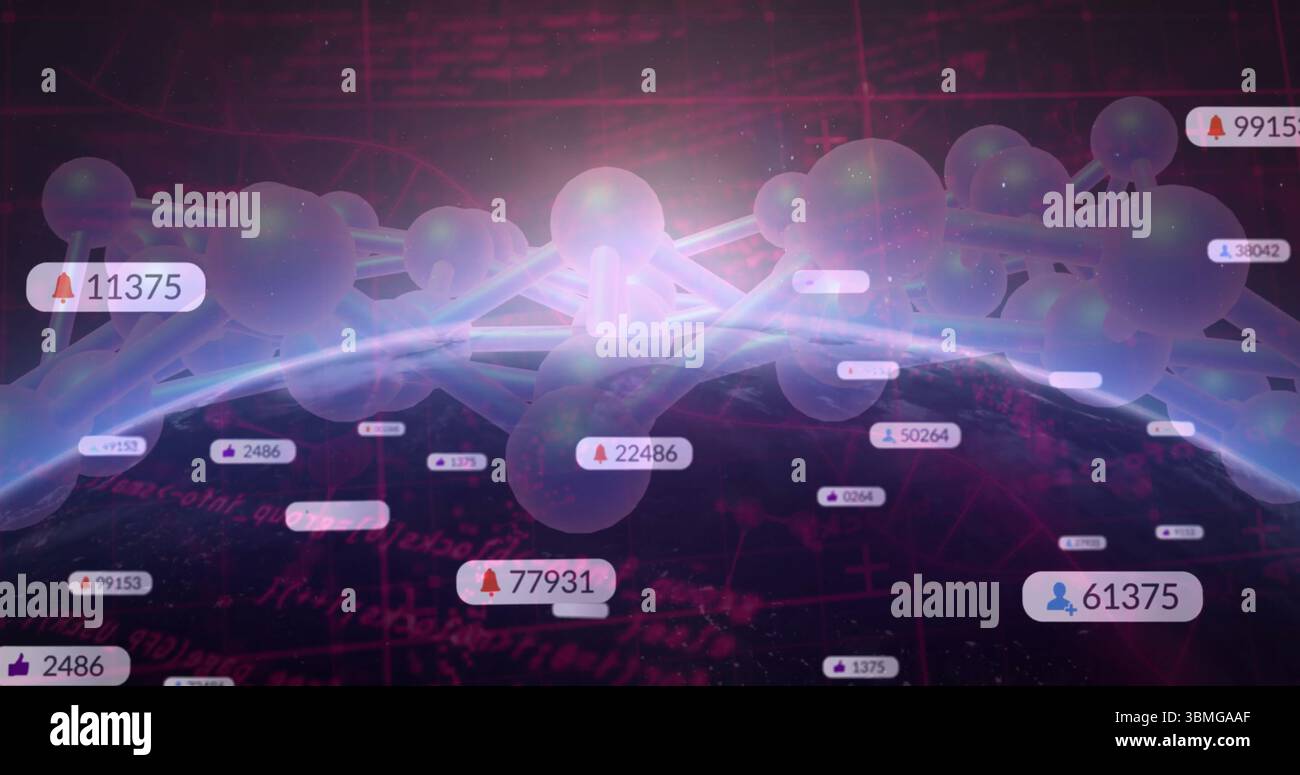 Floating sphere rod network over curved digital globe, with notification icons, grid lines and code Stock Photo
