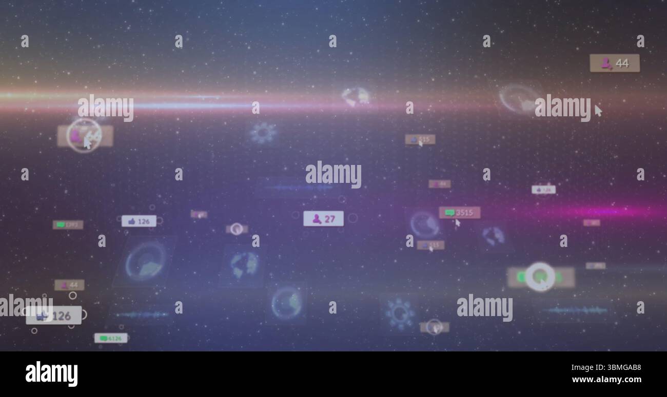 Drifting digital interface icons forming virtual cosmic network, with like buttons and data panels Stock Photo
