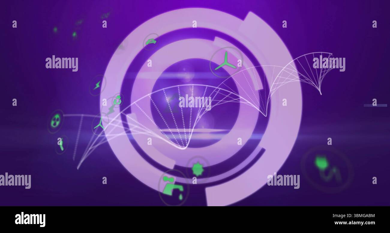 Displaying purple sphere rotating with ring segments, waveforms in digital interface, green icons Stock Photo
