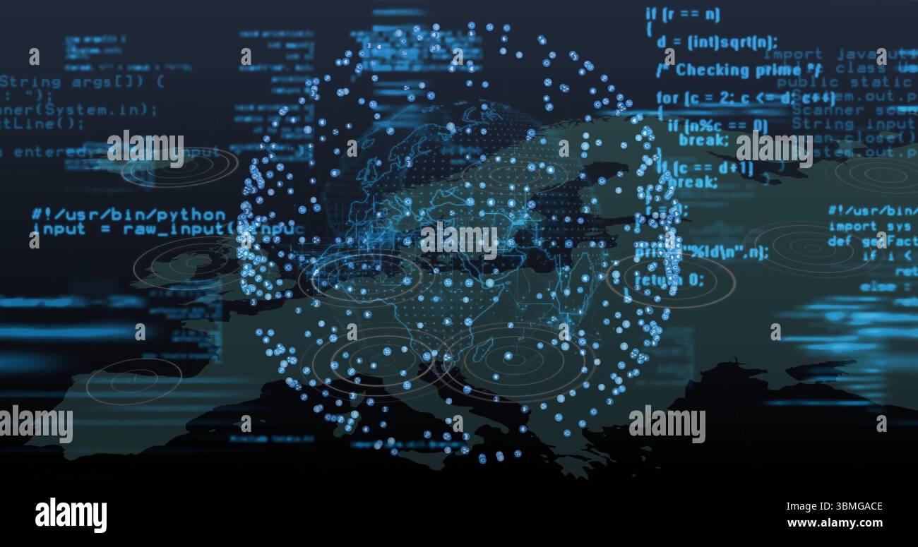 Cod Radar Rings Displaying globe of blue nodes on navy interface, showing code, radar ...