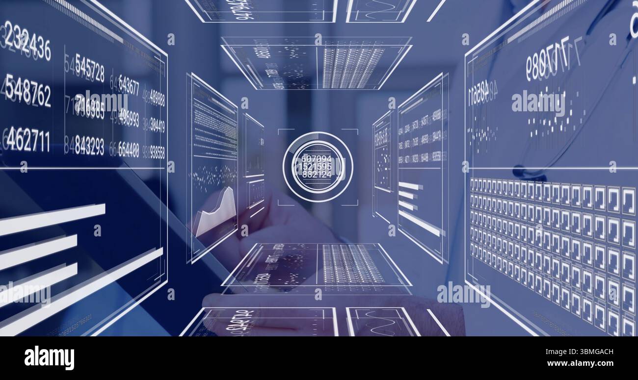 Glowing circular holographic widget floating in data corridor with data panels, numeric readouts Stock Photo