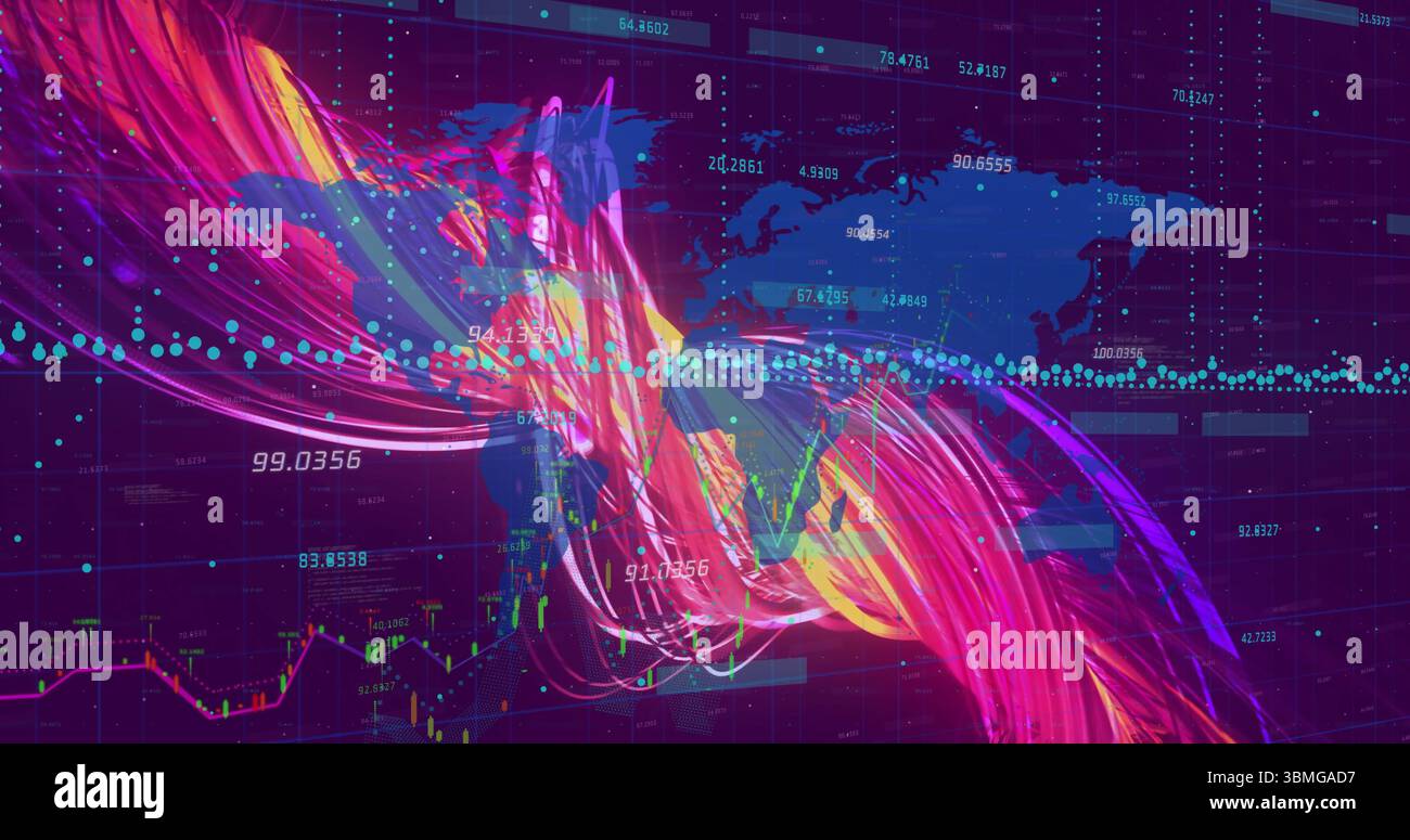 Displaying abstract data ribbons flowing across world map on grid interface, with numeric labels Stock Photo