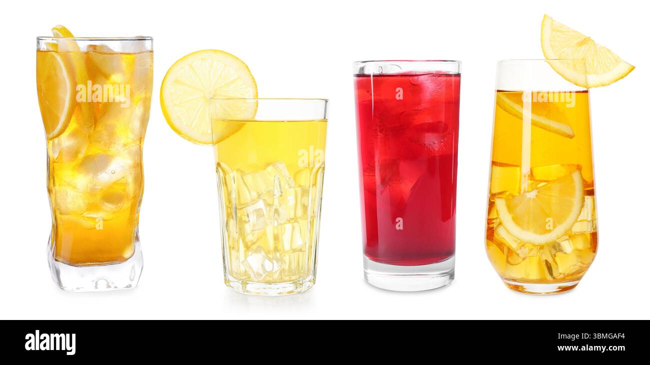 Iced tea. Different types of drinks in glasses isolated on white, set ...
