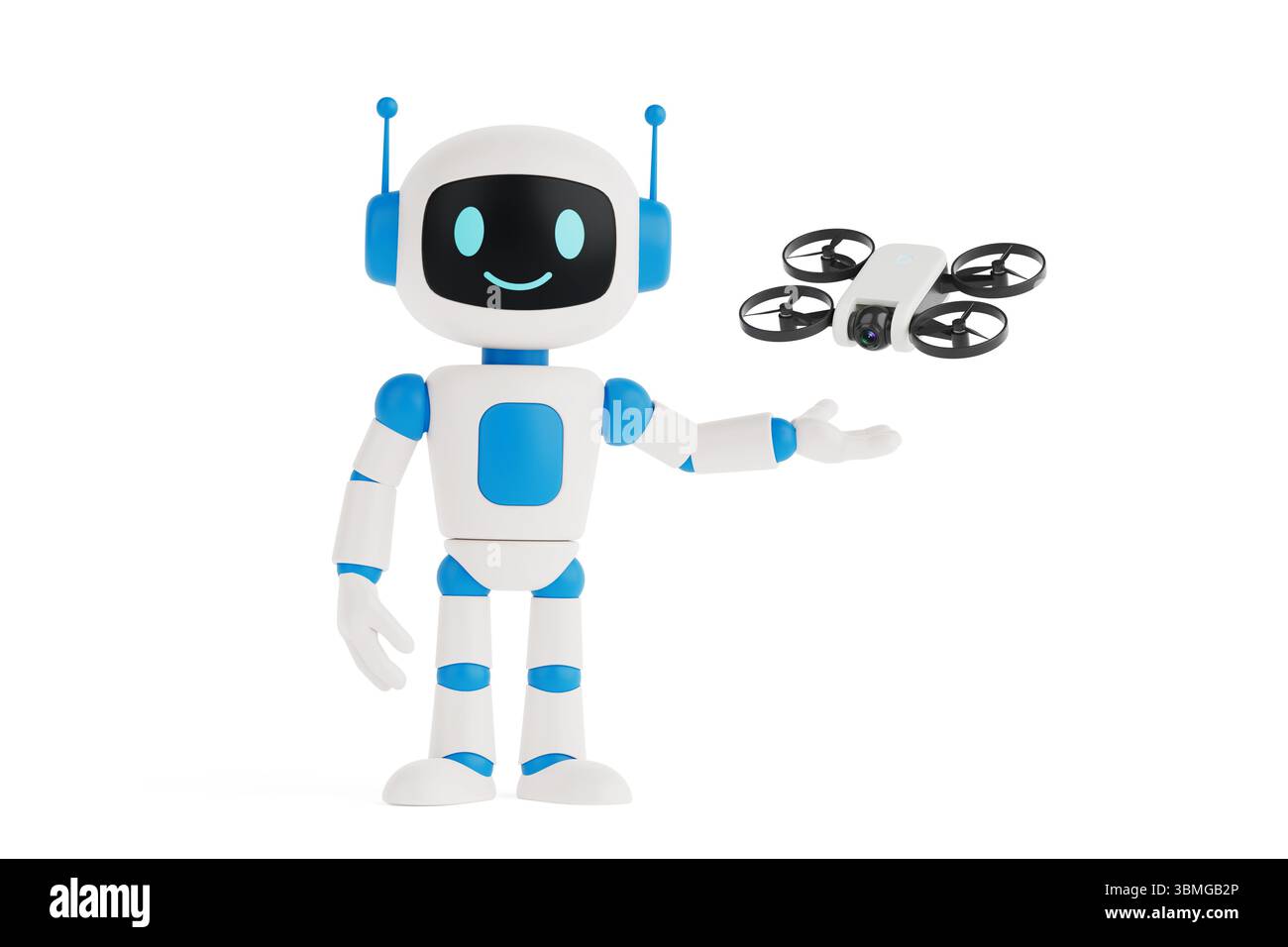Modern Technology Exploration Concept. Friendly Ai Robot Controlling Small Camera Drone On White Background. 3d Rendering Stock Photo