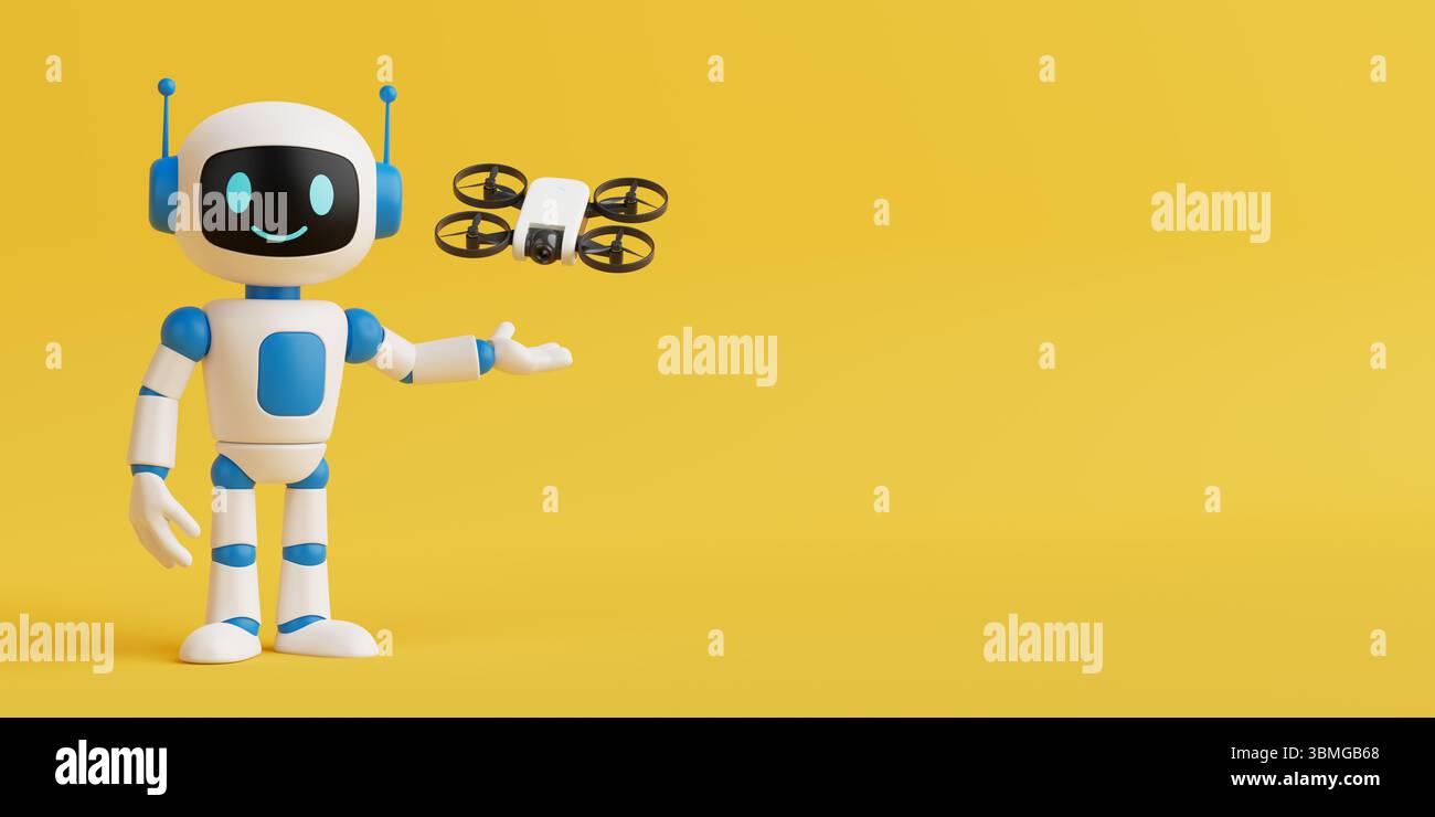 Modern Technology Exploration Concept. Friendly Ai Robot Controlling Small Camera Drone On Yellow Background. 3d Rendering Stock Photo