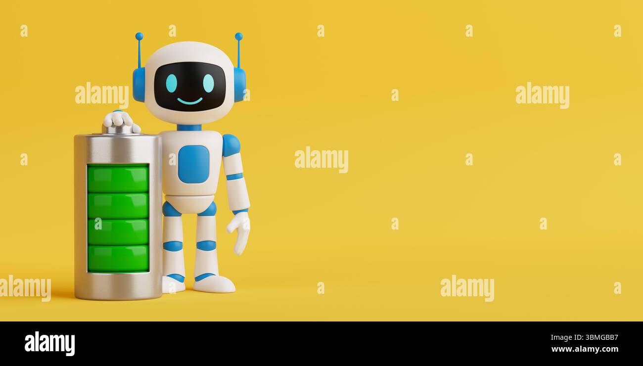 Energy Optimization And Power Supply Concept. Cute AI Robot Standing ...
