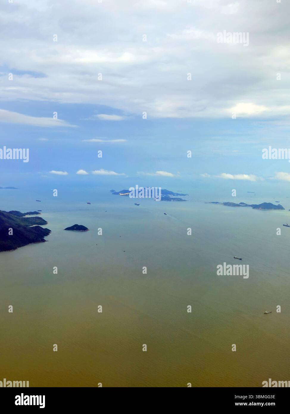 Hong Kong Pearl River Estuary Aerial View with Cargo Ships and Islands Stock Photo