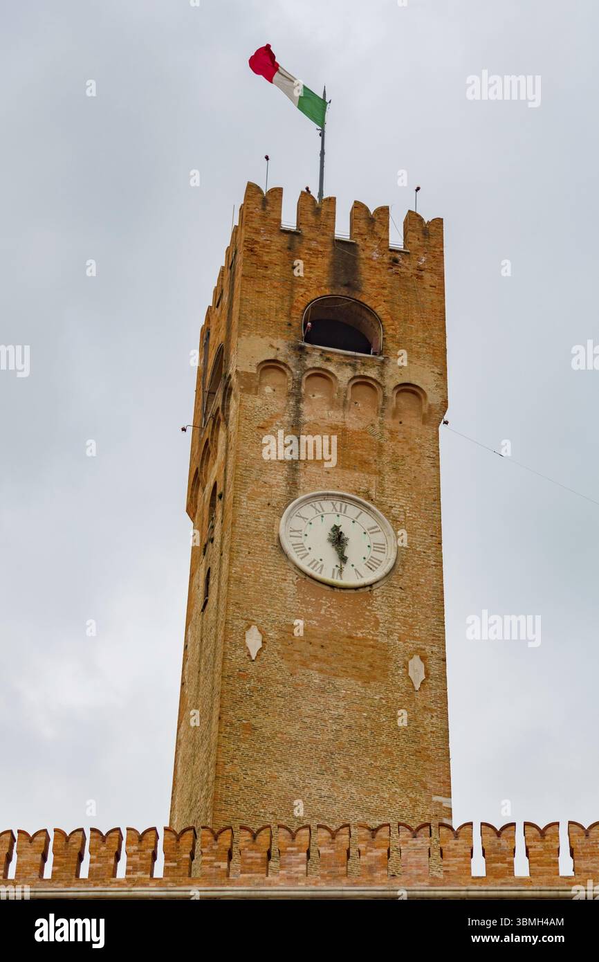 Treviso, Civic Tower close up. Ancient civic tower of Treviso in Piazza dei Signori, Treviso, Veneto, Italy. Piazza dei Signori, Treviso Stock Photo