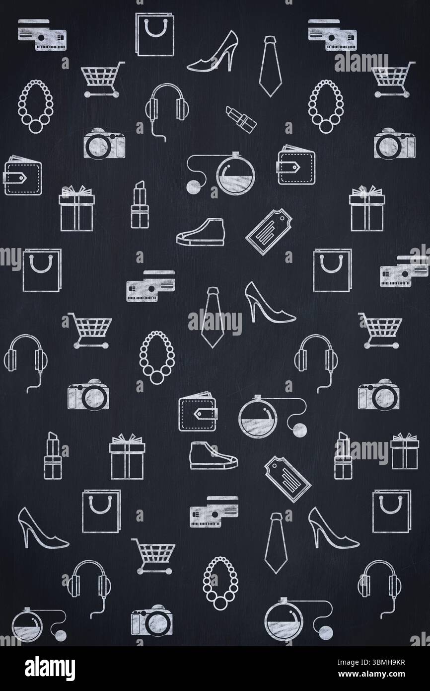 Flat design repeating pattern is filling chalkboard-style background with retail and fashion icons Stock Photo