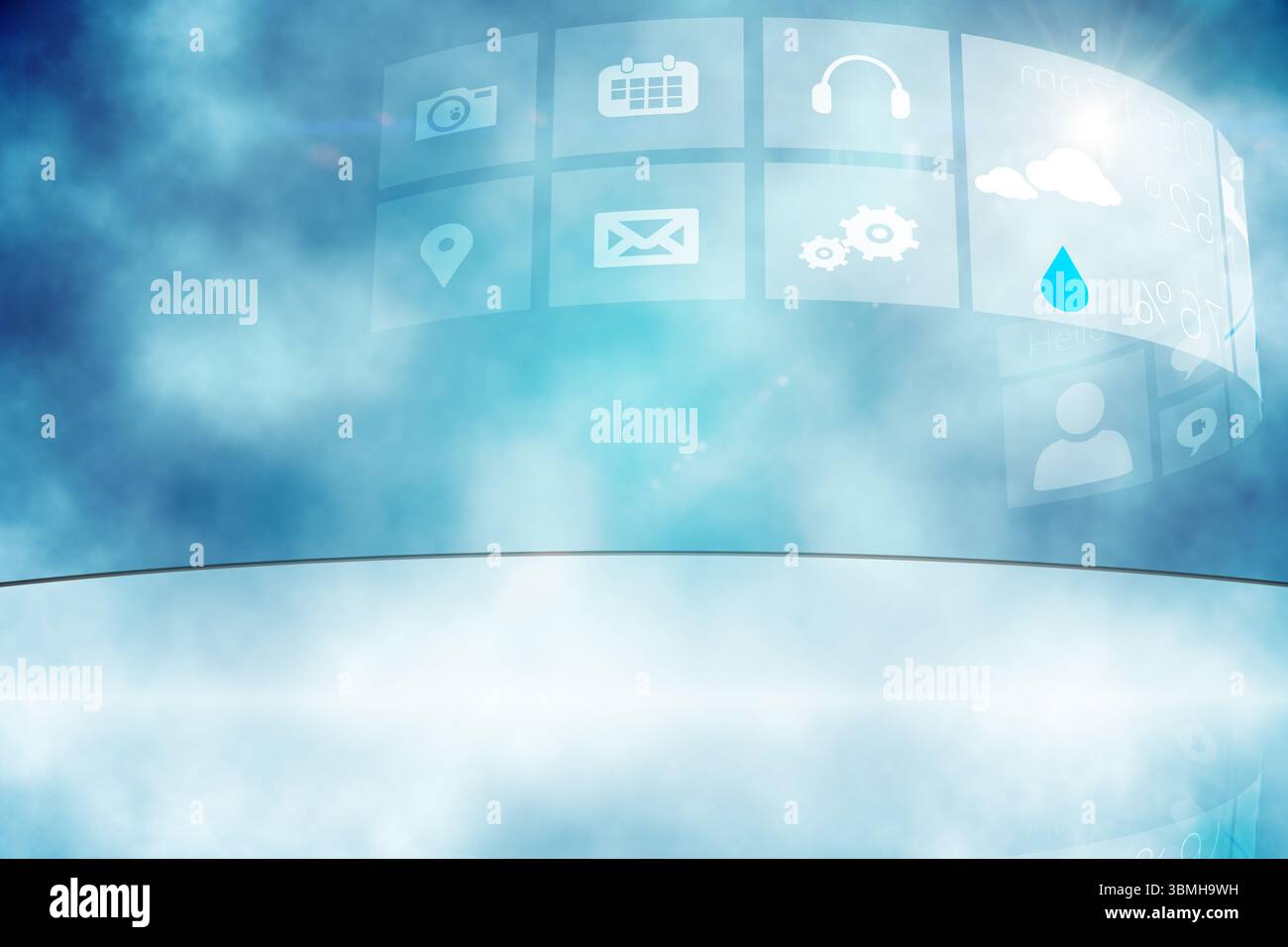Curved translucent UI panel is floating over misty blue gradient ...
