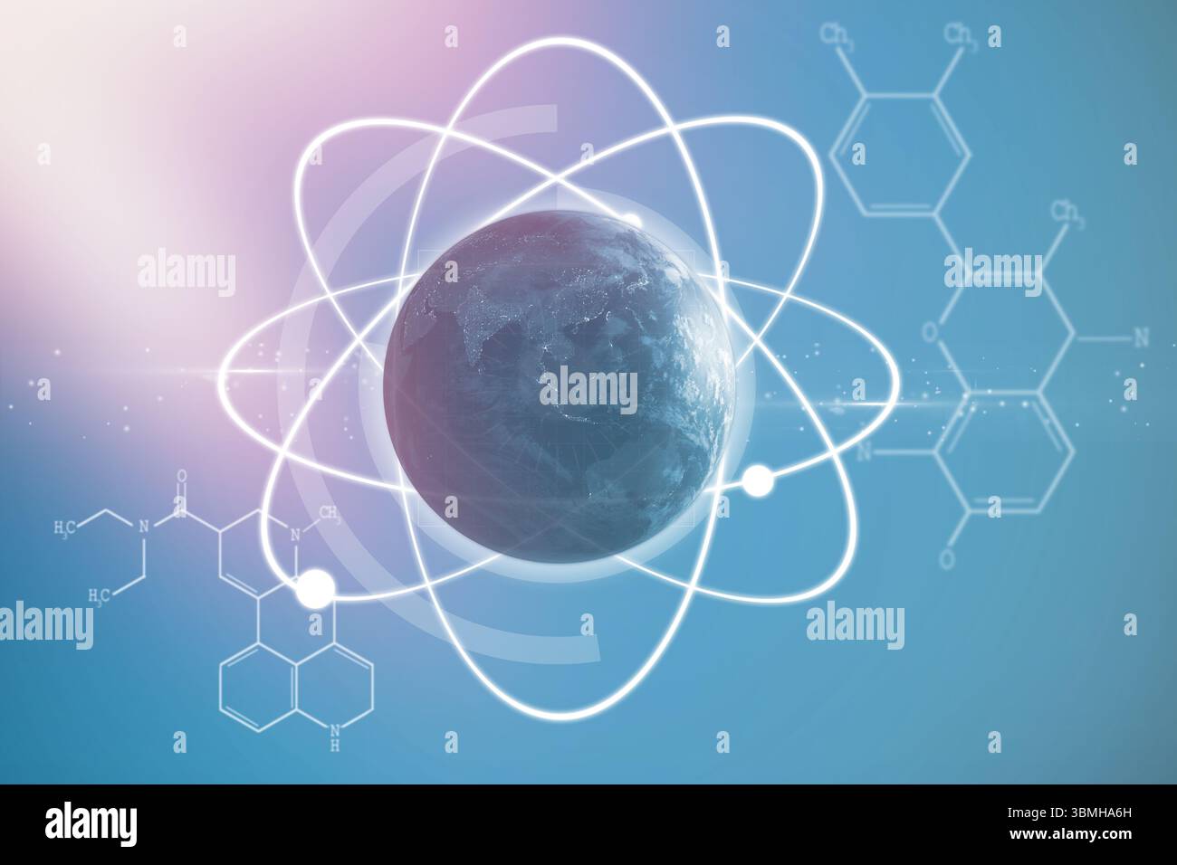 Composite image of planet earth amidst atom Stock Photo