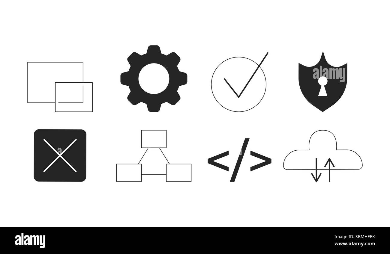 Technology and UI icons 2D line objects set Stock Vector