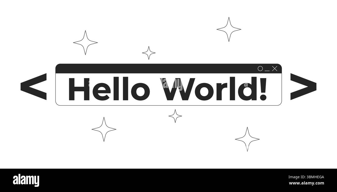 Hello world text coding banner in sparkles and code brackets 2D line object Stock Vector